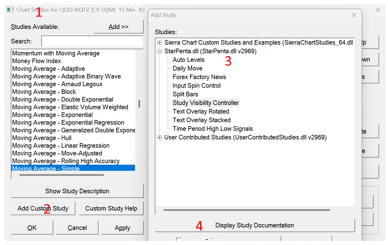 Sierra Chart Add Custom Study window listing available study DLLs