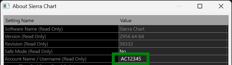 Sierra Chart Help About dialog showing Account Name